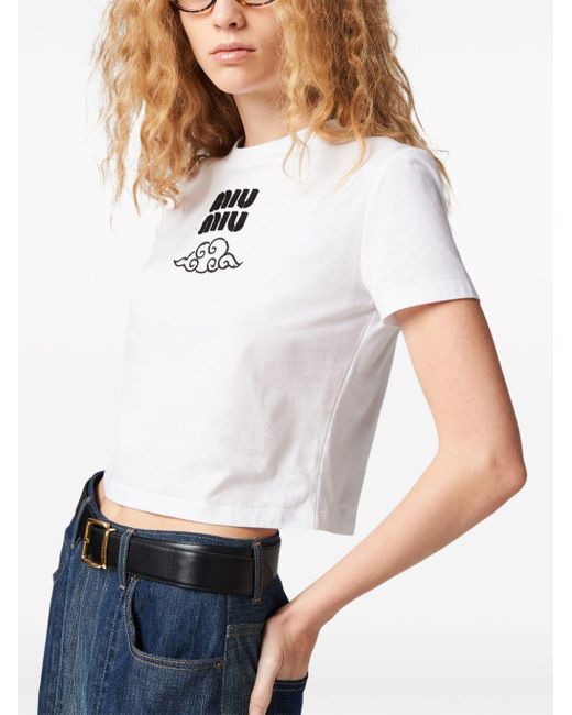 Miu Miu White T-Shirt mit Logo-Stickerei