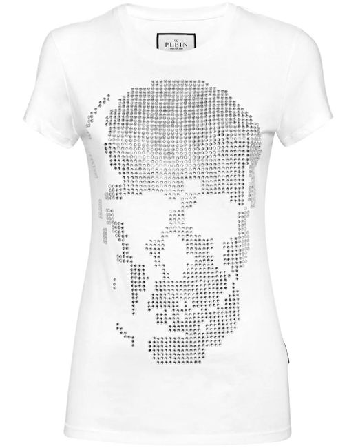 Philipp Plein White Skull Stud Embellished Logo T-Shirt