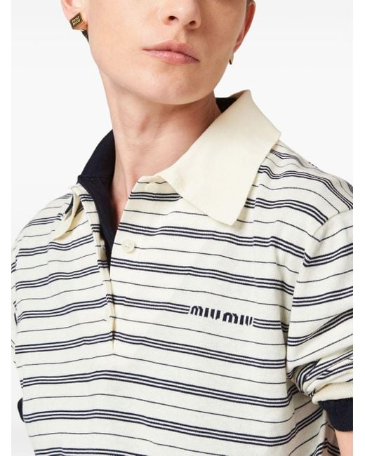 Miu Miu Gray Striped Knitted Cotton Polo Shirt