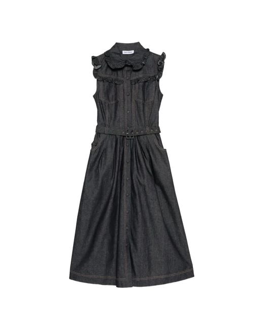 Dice Kayek Black Ruffled Chambray Midi Dress
