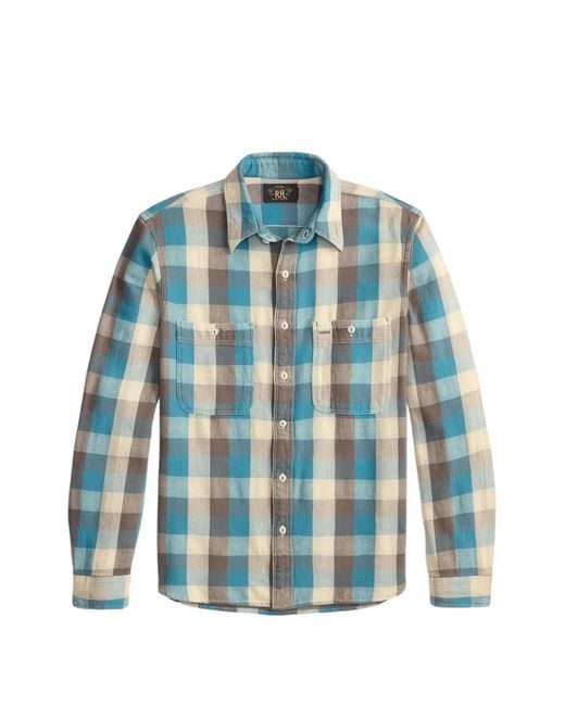 RRL Blue Buttoned Checked Shirt for men