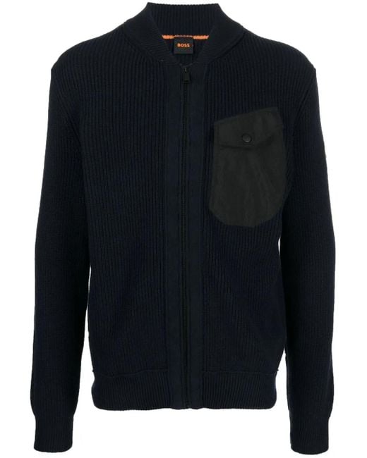 Boss Blue Zipped-Up Knit Cardigan for men
