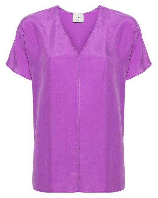 Alysi Purple T-Shirt aus Seide mit V-Ausschnitt