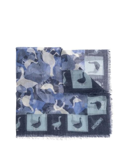Moschino Blue Duck-Print Frayed-Trim Cashmere Scarf