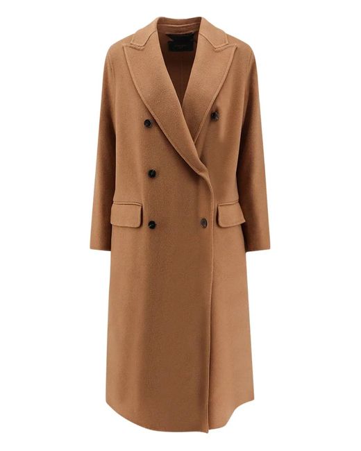 Paltò Brown Double-Breasted Peak-Lapel Coat