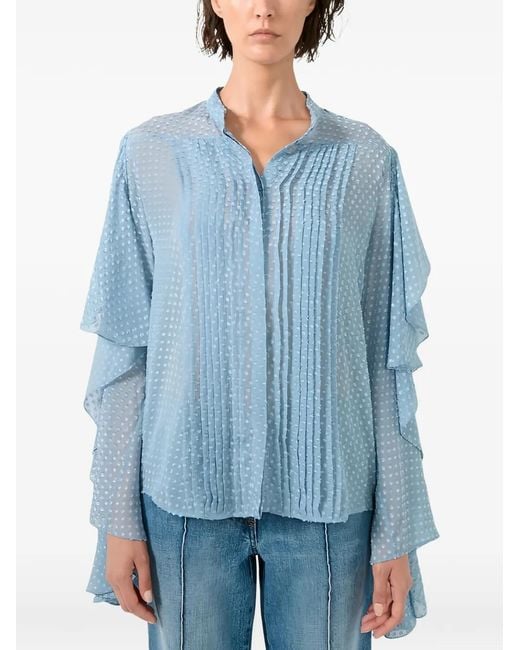 Barbara Bui Blue Blouse Plumetis En Soie À Volants
