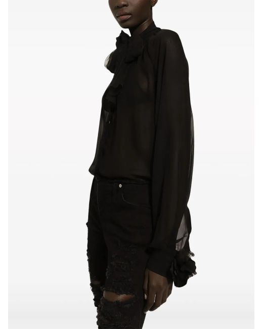 Dolce & Gabbana Black Floral-Appliqué Cotton Blouse