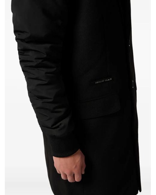Philipp Plein Black Hooded Single-Breasted Coat for men