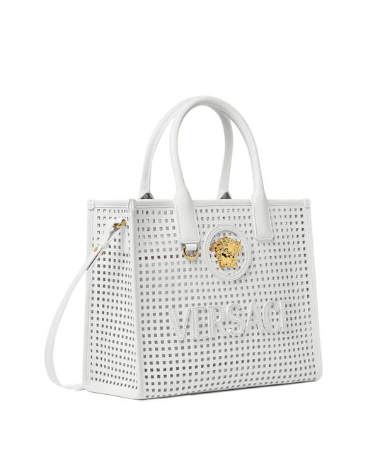 Versace White Small Medusa-Plaque Perforated Tote Bag