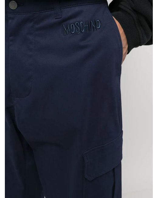 Moschino Blue Logo-Embroidered Cotton Cropped Trousers for men