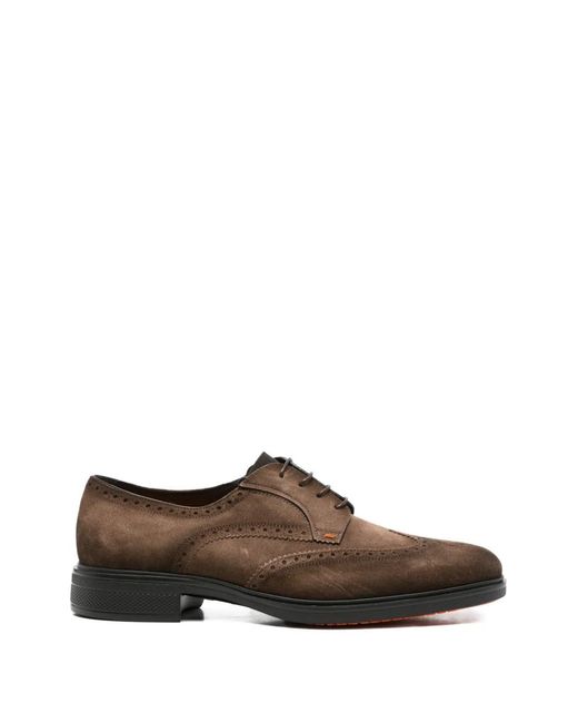 Santoni Brown Brogue-Detail Suede Derby Shoes for men
