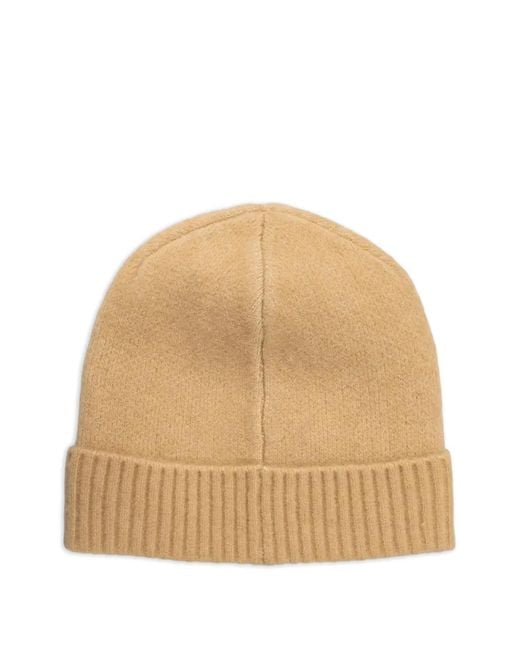 Patrizia Pepe Natural Ribbed Logo-Patch Beanie Hat