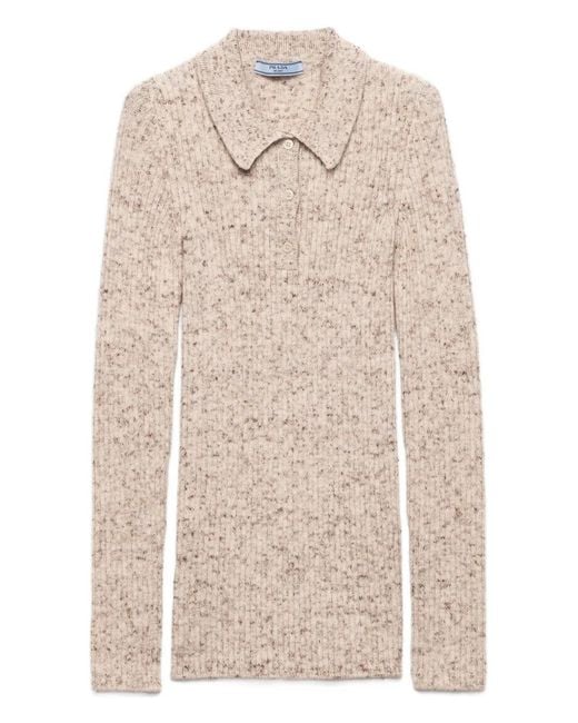 Prada Natural Ribbed-Knit Polo Shirt