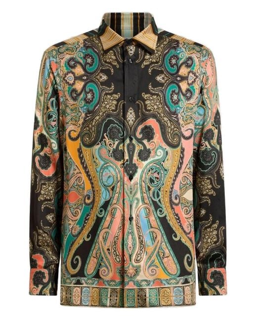 Etro Green Paisley-Print Striped Shirt for men