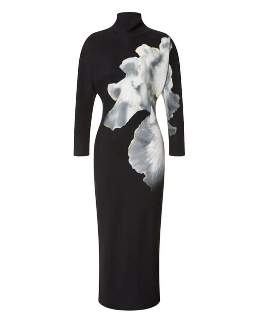 Alberta Ferretti Black Turtleneck Floral-Print Dress