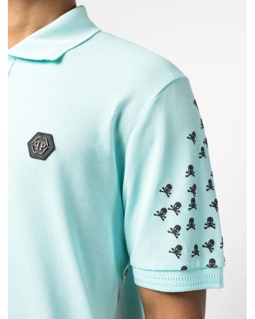 Philipp Plein Blue Skull And Bones Cotton Polo Shirt for men