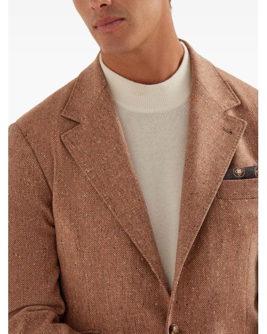 Brunello Cucinelli Brown Herringbone-Pattern Single-Breasted Blazer for men