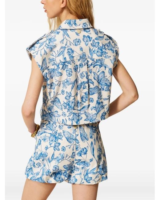 Twinset Blue Floral-Print Cotton Cropped Vest