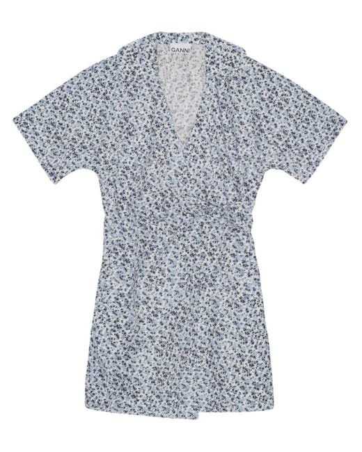 Ganni Blue Floral-print Wrap Minidress