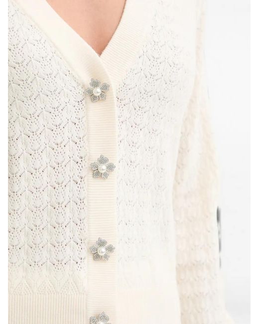 Guess White Flower-Button Pointelle-Knit Cardigan