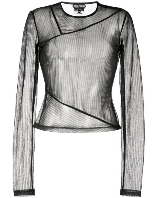 Tom Ford Gray Sheer Ribbed Long-Sleeve Jersey Top