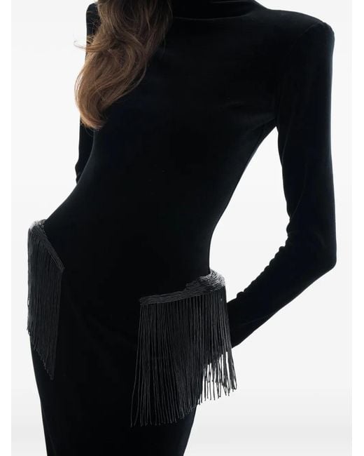 Ana Radu Black Long-Sleeve Fringed Dress