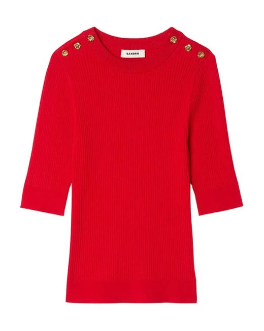 Sandro Red Button-Embellished Ribbed Top
