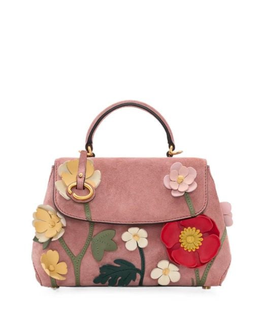 Oscar de la Renta Pink Mini Poppy Floral-Appliqué Suede Tote Bag