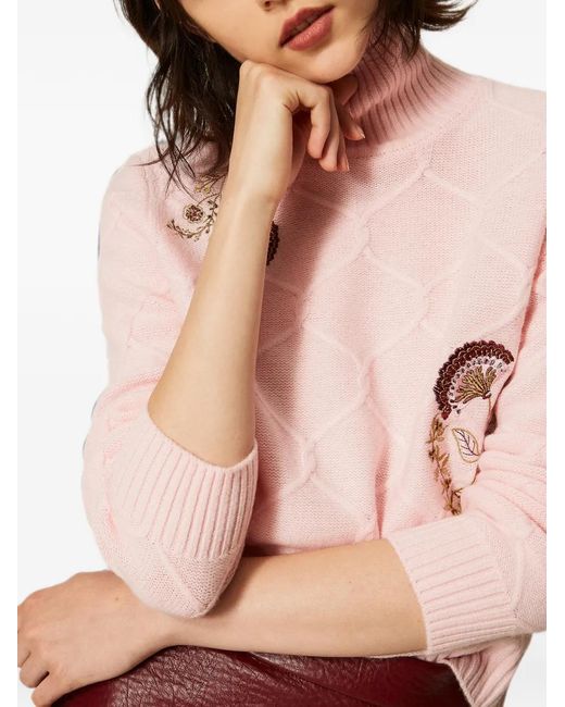 Twinset Pink Turtleneck Wool Jumper With Floral Embroidery