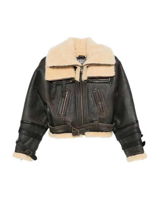 R13 Black Shearling-Collared Belted Jacket
