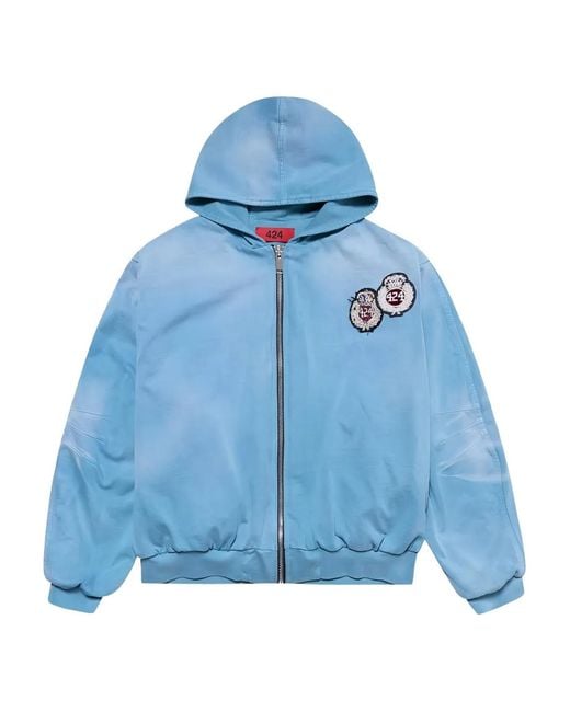 424 Blue Crest-Patch Zip-Up Hoodie for men