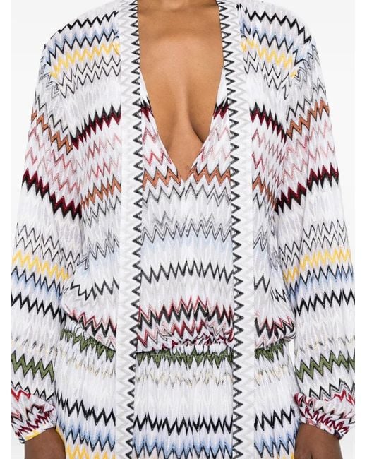 Missoni White Zigzag-Pattern Tie-Neck Mini Dress