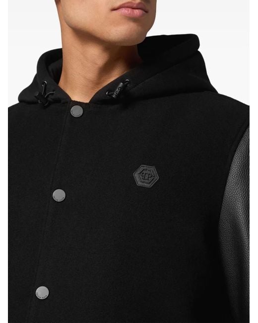 Philipp Plein Black Logo-Appliqué Panelled Hooded Jacket for men