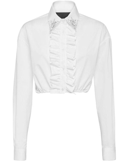 Philipp Plein White Cropped Ruffled Cotton Shirt