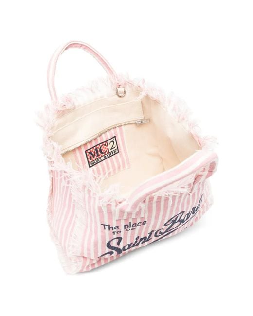 Mc2 Saint Barth Pink Striped Fringed Beach Bag