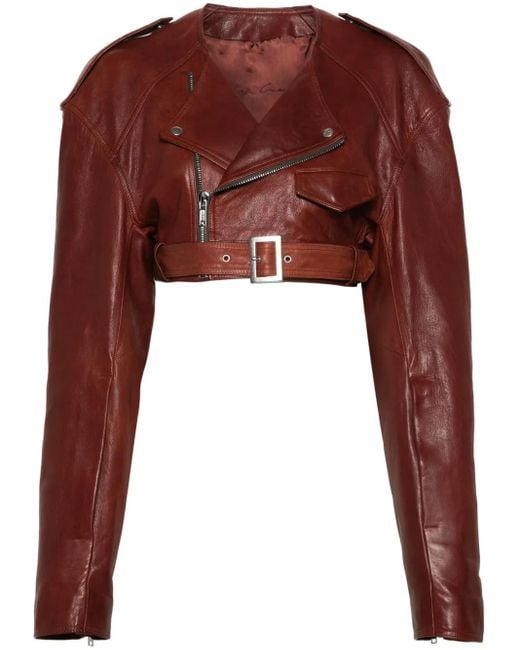 Rick Owens Micro Biker Cropped Leren Jack in het Brown