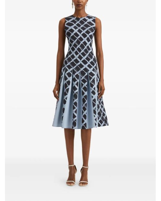 Oscar de la Renta Blue Pleated Wavy-Pattern Dress