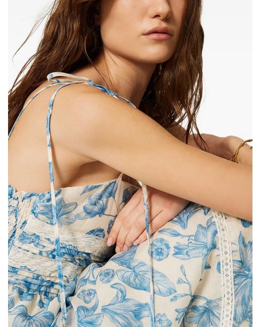 Twinset Blue Short Floral Dress With Lace