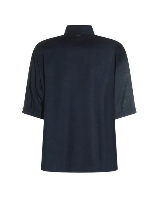 Herno Blue Linen Blend Gauze Short-Sleeved Shirt With Metal Details