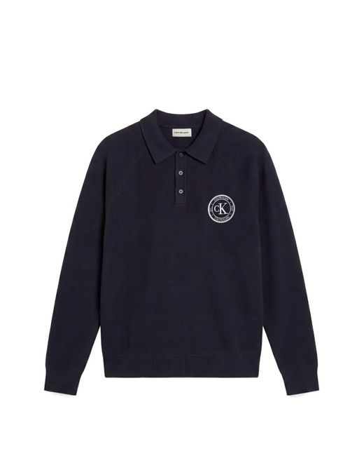 Calvin Klein Blue Varsity Logo-Patch Polo Sweater for men