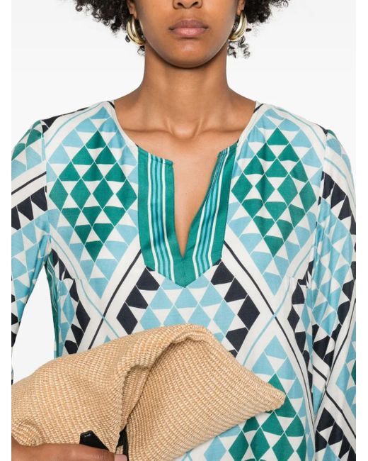 Marc O' Polo Blue Geometric-Print V-Neck Midi Dress