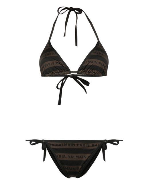 Bikini rayé à logo imprimé Balmain en coloris Black