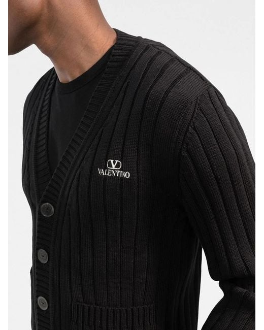 Valentino Garavani Black Ribbed-Knit V-Neck Cardigan for men