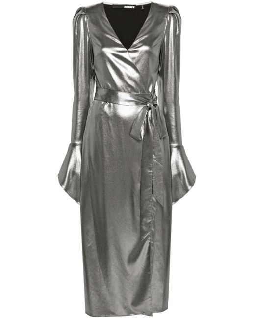 ROTATE BIRGER CHRISTENSEN Gray Lamé Wrap Midi Dress