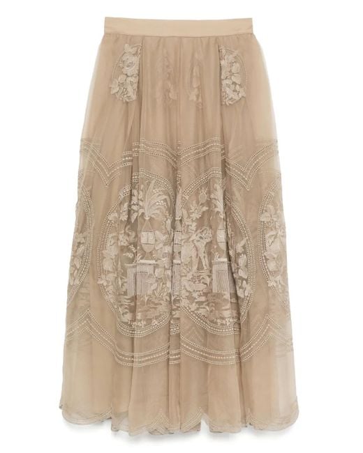 Jupe Mi-Longue À Broderies Elie Saab en coloris Natural