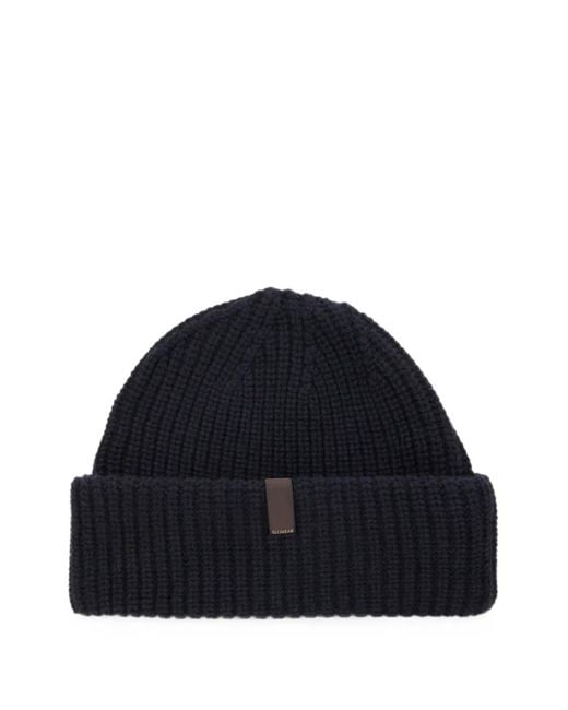 Slowear Blue Ribbed-Knit Logo-Patch Beanie Hat for men