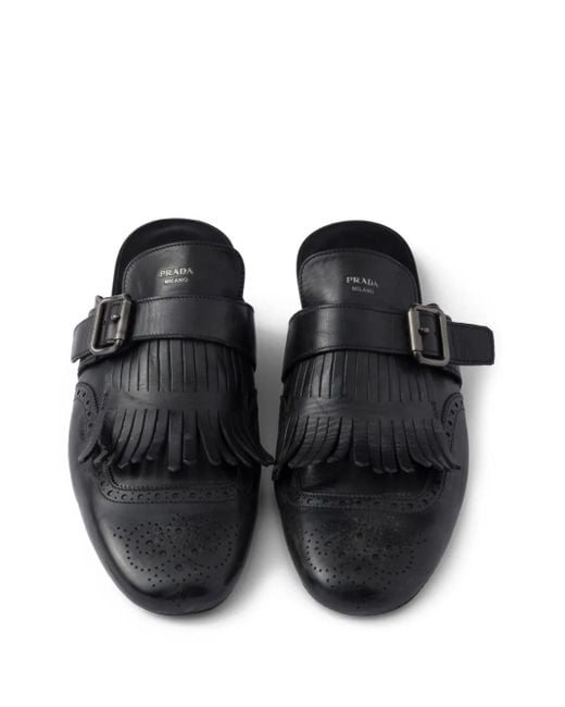 Prada Black Shuffle Fringed Leather Mules for men