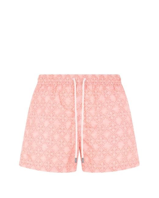 Fedeli Pink Geometric-Print Drawstring Beach Shorts for men