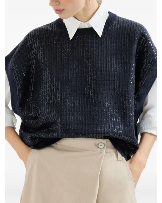 Brunello Cucinelli Blue Dazzling Check-Pattern Top