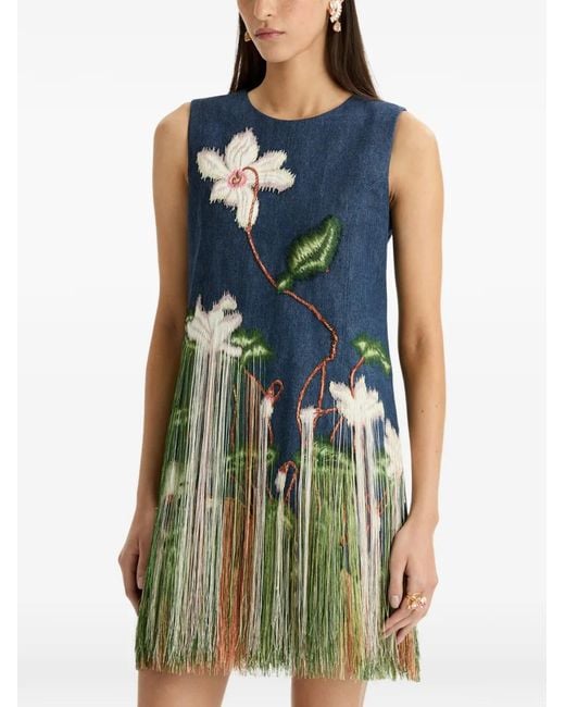 Oscar de la Renta Blue Fringe-Detail Mini Dress